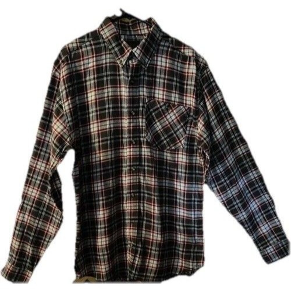 NWT Ranch Tough Grey Red blk  & white Plaid Long Sleeve Flannel Shirt Men L Tall